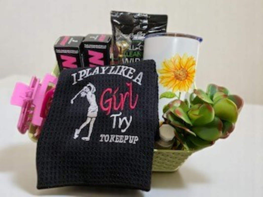 Women's Golf Gift Basket – Colorful Golf Balls, Towel, Lotion, Divot Tool, Glass or Tumbler – Golfer Gift for Her, Birthday or Mother's Day