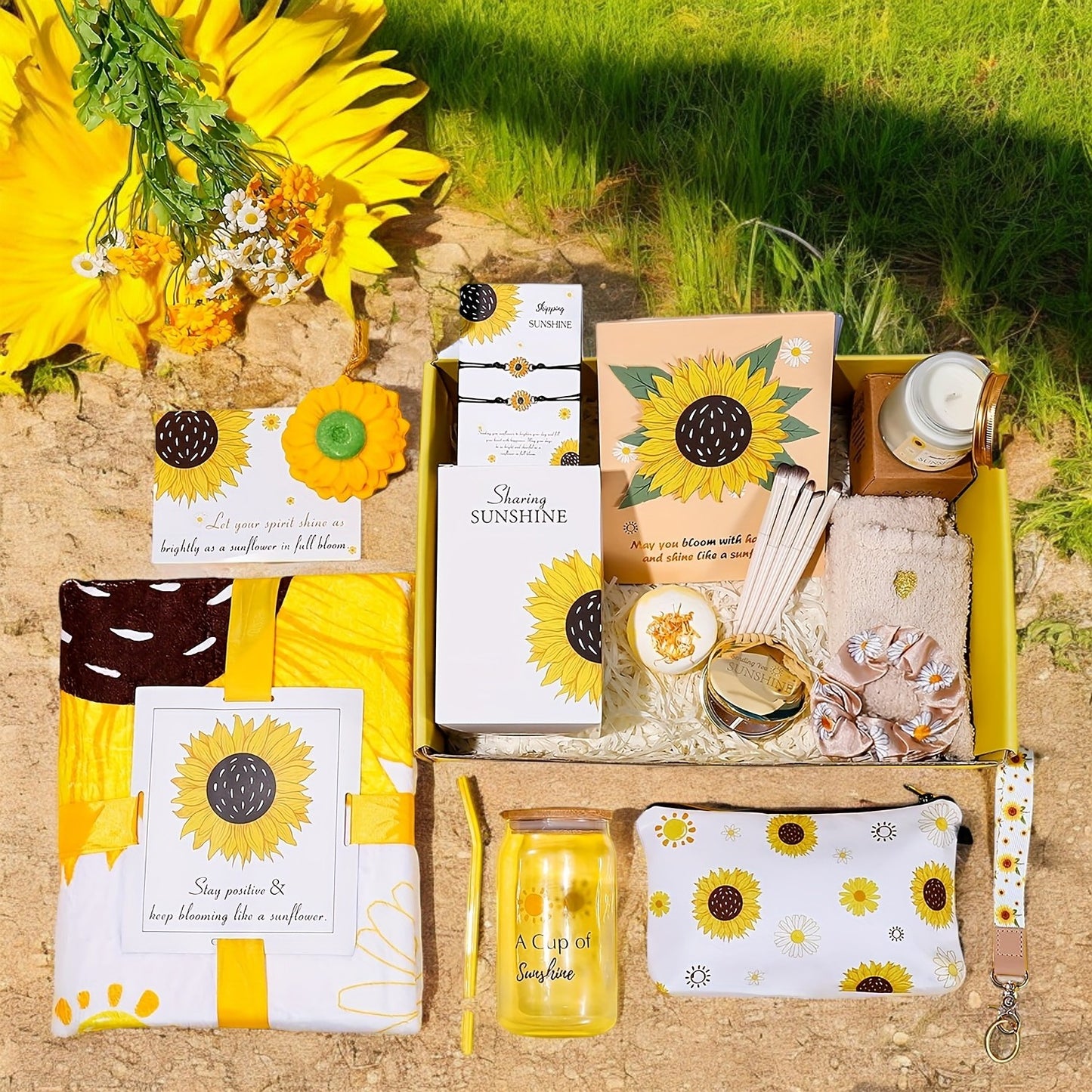 21pcs Sunflower Gift Baskets for Bridesmaids - Sending You Sunshine Spa Package, Wellness and Retirement Gifts