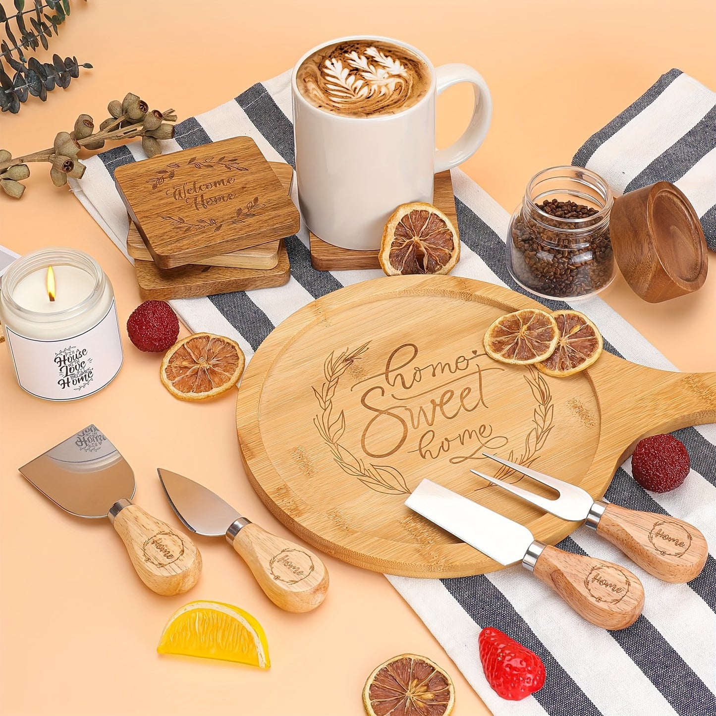 Corporate Gifts- Client Gift - Bamboo Serving Board Coasters for Couple - Home Sweet Home Gift Set Women Men