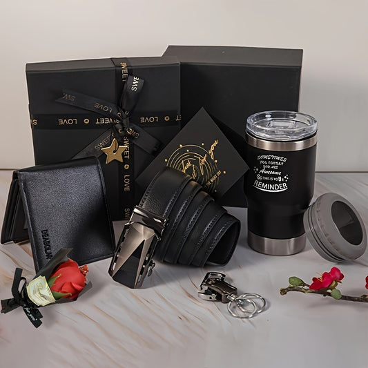 Luxury Men's 6-Piece Gift Set - Leather Wallet, Belt, Stainless Steel Can Cooler, Keychain, Greeting Card, Artificial Flower