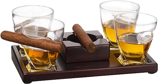 The Wine Savant Cigar Glasses Tray & Ash Tray, 4 Whiskey Cigar Glasses Slot to Hold Cigar, Whiskey Glass Gift Set, Cigar Rest, Accessory Set Gift for Dad, Men Home Office Decor Gifts, Man Cave-3