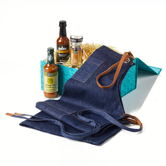 Grill Master Gift Basket with Danay Denim & Leather Full Apron and Taste of South Africa Sauce & Spice Set