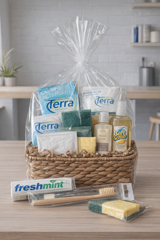 Basic Welcome Amenity Basket (Wrapped) | Apartment & Guest Essentials