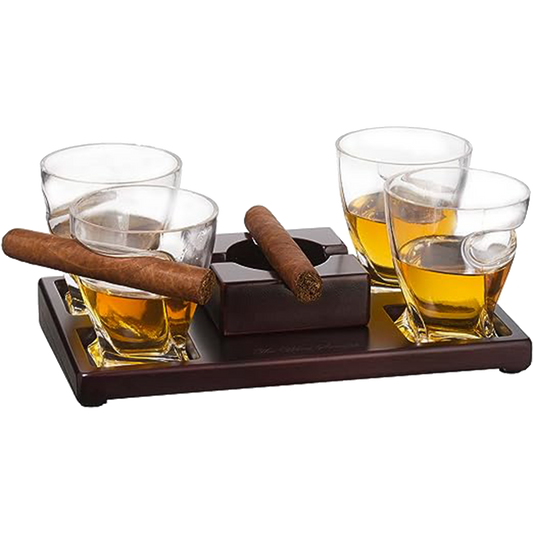 The Wine Savant Cigar Glasses Tray & Ash Tray, 4 Whiskey Cigar Glasses Slot to Hold Cigar, Whiskey Glass Gift Set, Cigar Rest, Accessory Set Gift for Dad, Men Home Office Decor Gifts, Man Cave-0