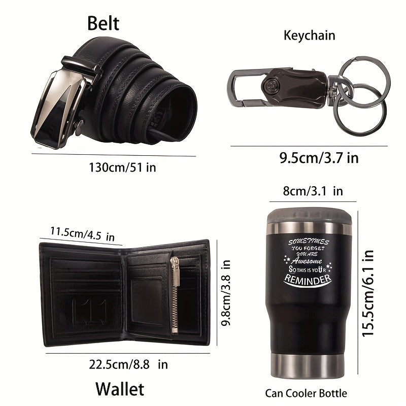 Luxury Men's 6-Piece Gift Set - Leather Wallet, Belt, Stainless Steel Can Cooler, Keychain, Greeting Card, Artificial Flower