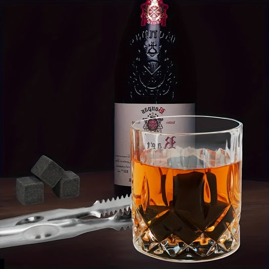 Wooden Boxed Set with Stainless Steel Ice Stone Whiskey Glass Set, Reusable Glasses, and Ice Tongs - Perfect Gift for Men