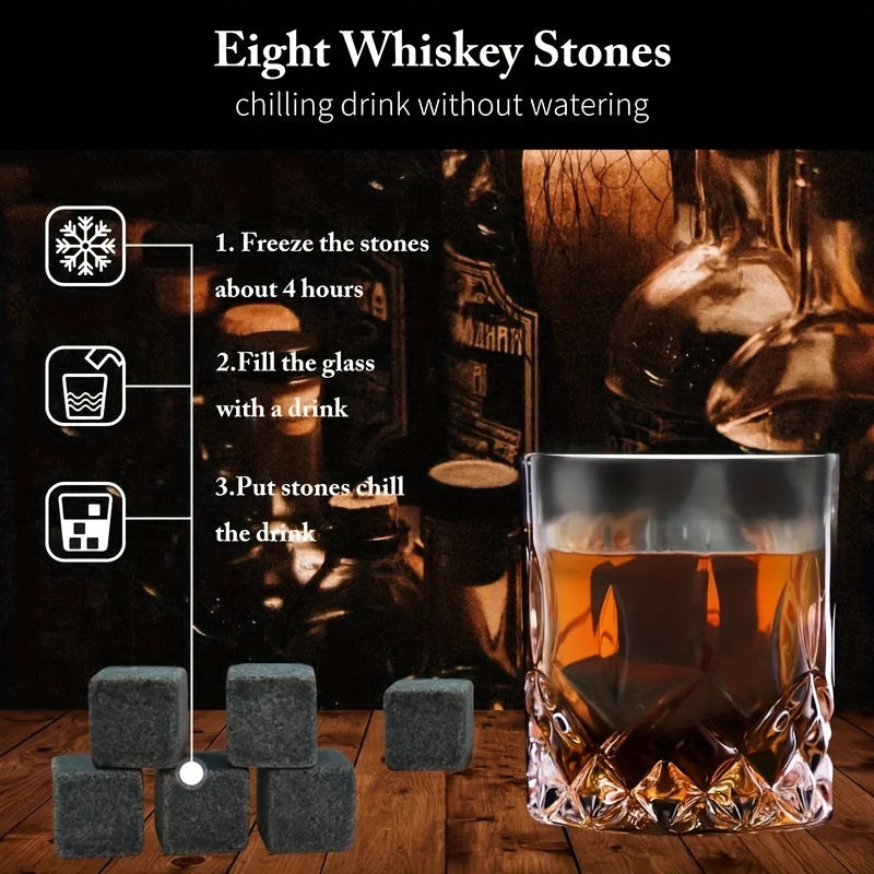 Wooden Boxed Set with Stainless Steel Ice Stone Whiskey Glass Set, Reusable Glasses, and Ice Tongs - Perfect Gift for Men