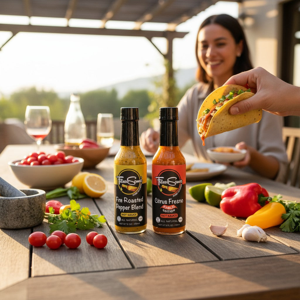 Gourmet Hot Sauce Duo – Garlic Citrus Fresno & Fire Roasted Pepper Blend