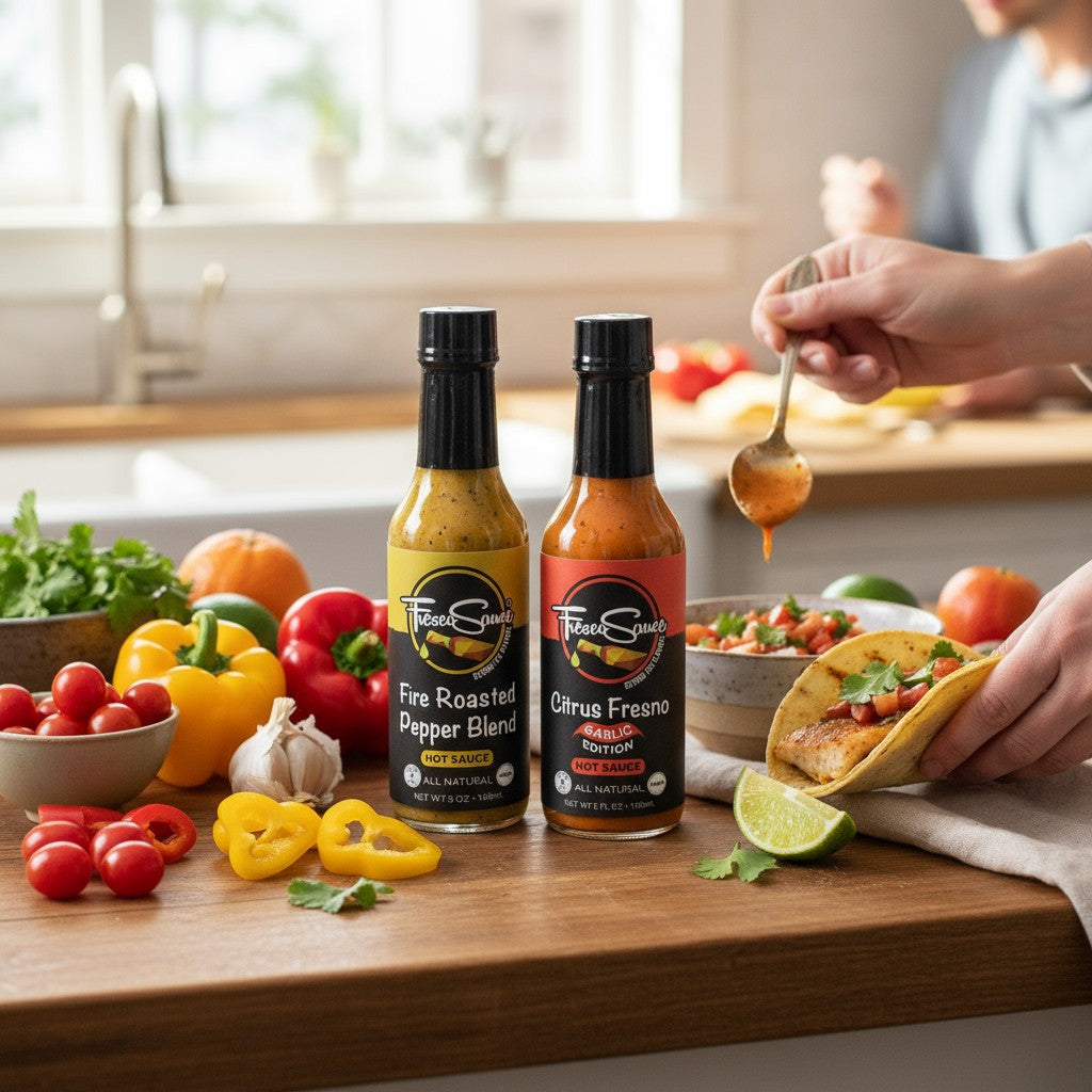 Gourmet Hot Sauce Duo – Garlic Citrus Fresno & Fire Roasted Pepper Blend