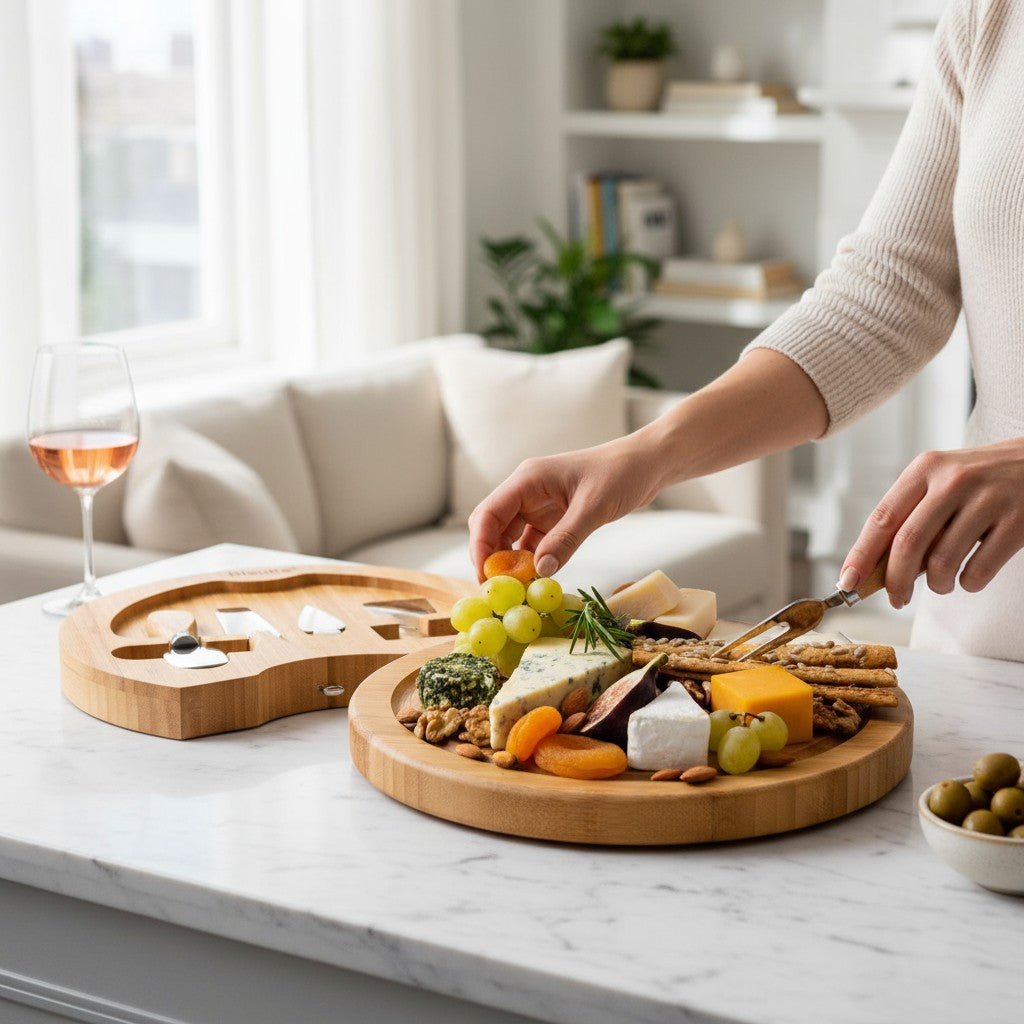Round Bamboo Cheese Board & Knife Set – 10-Inch Charcuterie Platter
