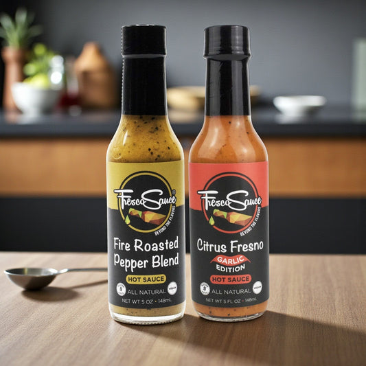 Gourmet Hot Sauce Duo – Garlic Citrus Fresno & Fire Roasted Pepper Blend